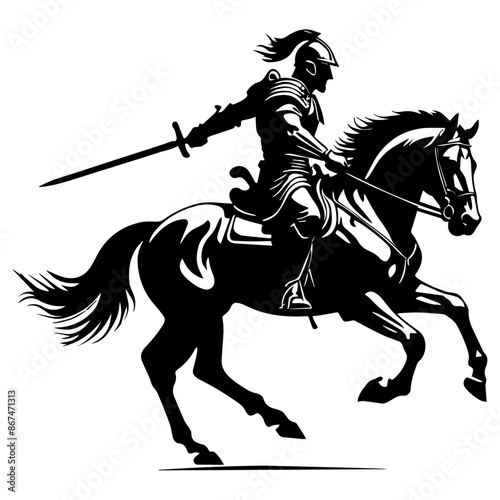 Intricate black and white illustration of a medieval knight charging on a galloping horse with a raised sword, emphasizing historical and heroic themes in a detailed and dramatic design.
