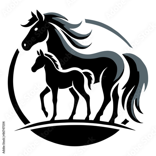 Stylized black and white illustration of a horse with its foal inside a circular frame, emphasizing the bond between mother and child in a simple yet elegant design.