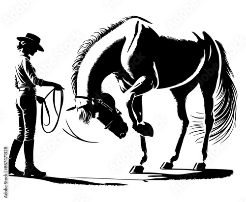 Silhouette of a Horse with a Handler Holding a Lead Rope in a Training Session