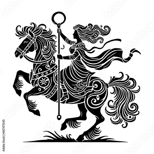 Detailed black and white illustration of a woman warrior riding a rearing horse, adorned with intricate armor and wielding a staff.