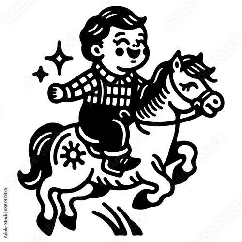 Cartoon silhouette of a happy boy riding a galloping horse with stars.