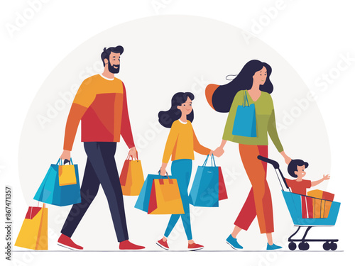 Illustration of a smiling family with parents and children enjoying shopping together, carrying colorful shopping bags, with a mother pushing a cart with a toddler.