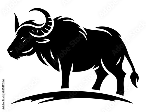 Bold black silhouette of a water buffalo standing on a slight hill, highlighting the animal's strong physique and presence in a minimalist design.