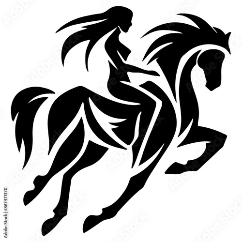 Silhouette of a woman riding a horse, capturing the dynamic motion and grace of equestrianism in a striking black and white design
