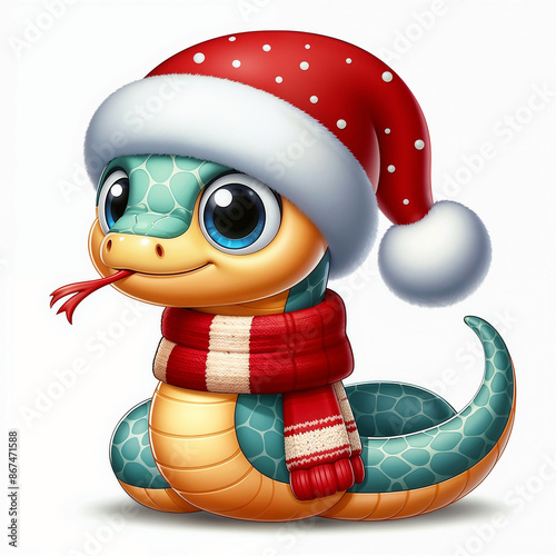 Snake in santa hat on white background.AI