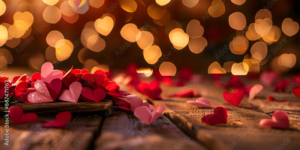 custom made wallpaper toronto digitalEnchanting Valentine's Day Scene with Red and Pink Hearts Scattered on Wooden Surface and Glowing Bokeh Lights, Creating a Romantic Atmosphere