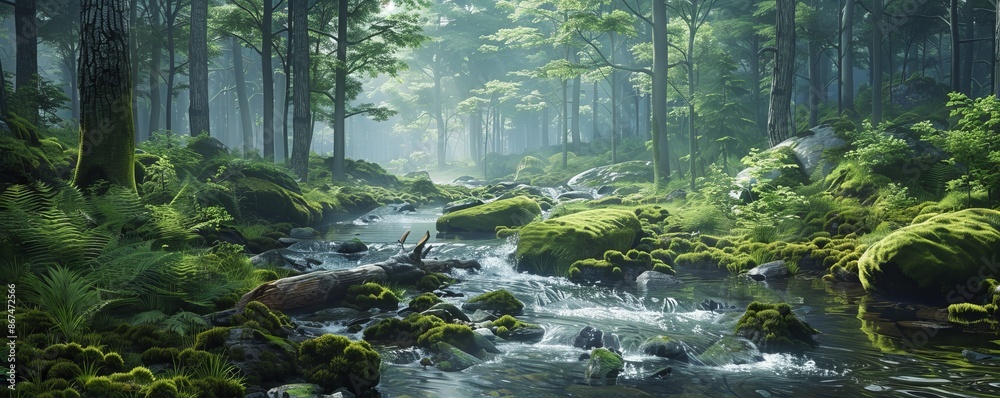 A peaceful mountain stream winding through a lush forest, with moss-covered rocks and fallen logs along its banks. A peaceful mountain stream winding through a lush forest, with moss-covered rocks and fallen logs along its banks.