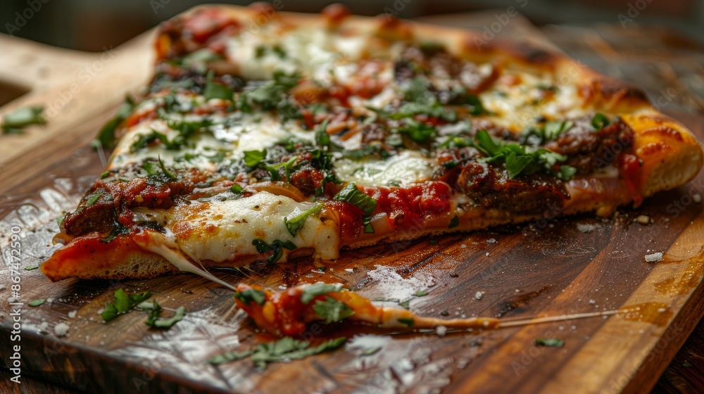 A slice of meat pizza with melted mozzarella cheese on a wooden cutting board. A slice of meat pizza with melted mozzarella cheese on a wooden cutting board.