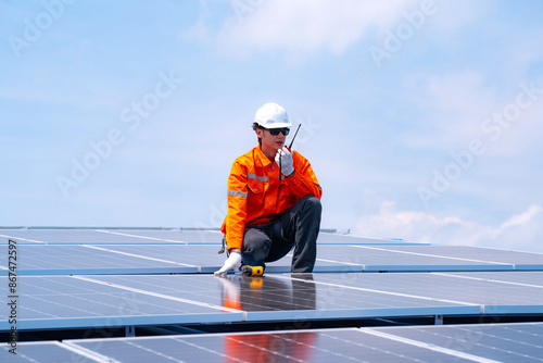Wallpaper Mural Engineer service check installation solar cell on the roof of factory , Sustainable energy industry concept, Renewable energy solution for climate change Torontodigital.ca