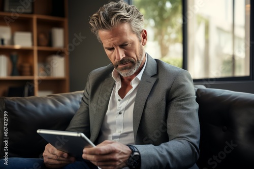 Man Sitting on Couch Using Tablet