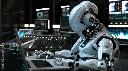 Humanoid Robot Composing Music On A Laptop In A Modern Studio © V.Semeniuk