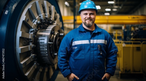 Man in Hard Hat Standing by Machine