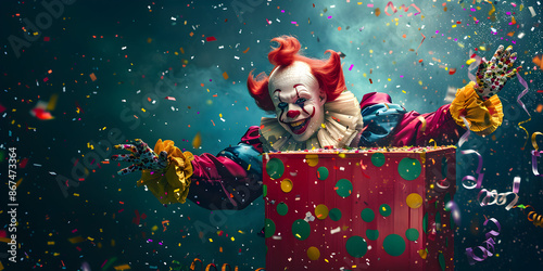 Wallpaper Mural Playful Clown Jumping Out of Box with Colorful Decorations for April Fool's Day Festivities, Bringing Joy and Fun Torontodigital.ca