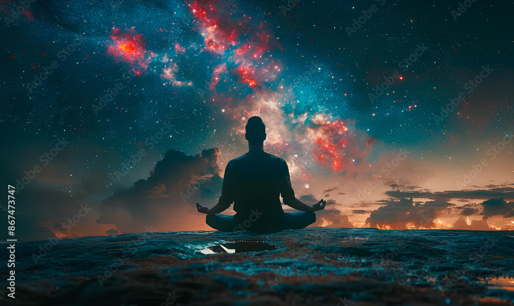 A person meditates on a cliff edge at night under a starry sky A person meditates on a cliff edge at night under a starry sky