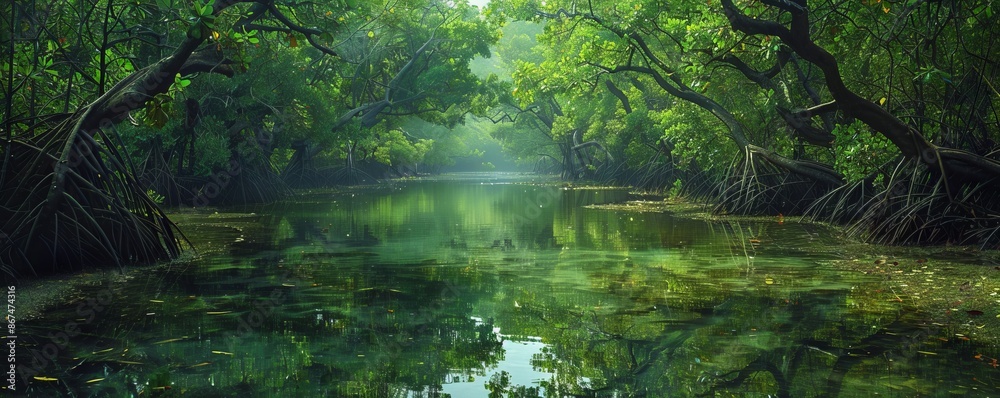A tranquil mangrove forest teeming with life, with tangled roots and vibrant green foliage reflected in calm waters. A tranquil mangrove forest teeming with life, with tangled roots and vibrant green foliage reflected in calm waters.