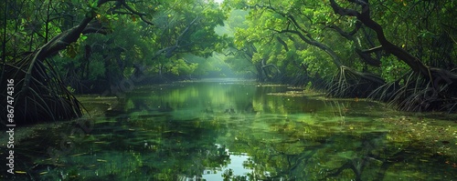 A tranquil mangrove forest teeming with life, with tangled roots and vibrant green foliage reflected in calm waters.