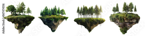 Fototapeta Floating islands with trees and greenery fantasy landscape transparent backgroun