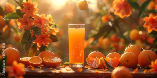 Refreshing Sunrise: A Vibrant Glass of Freshly Squeezed Orange Juice in a Blooming Orchard photo