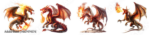 Fierce fire-breathing dragons in dynamic poses fantasy illustration transparent background