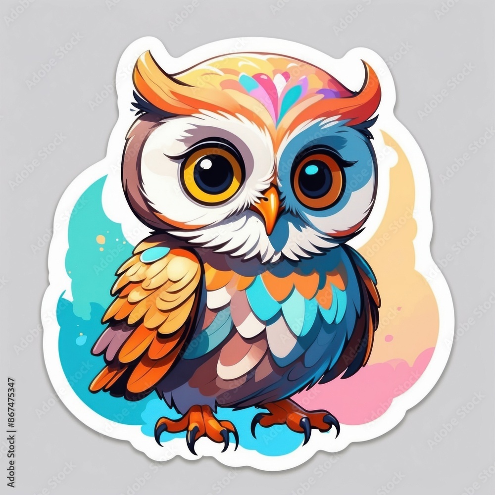 Sticker of an adorable baby owl in 3D cartoon style with dynamic colors, isolated on a simple background.