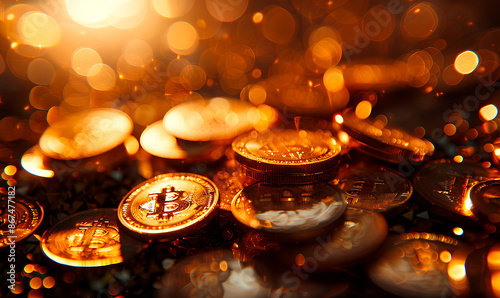 A close-up shot of shiny gold Bitcoin coins scattered on a black surface