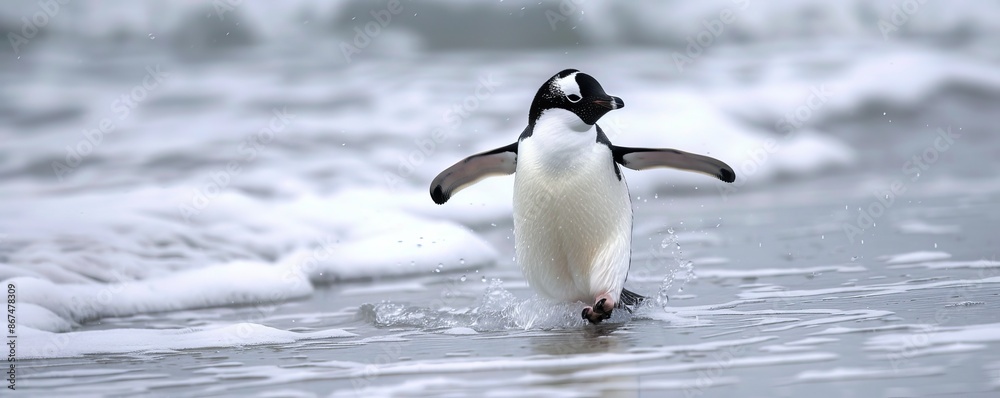 Fototapeta premium A curious penguin waddling along the icy shore, its black and white plumage contrasting with the white snow.