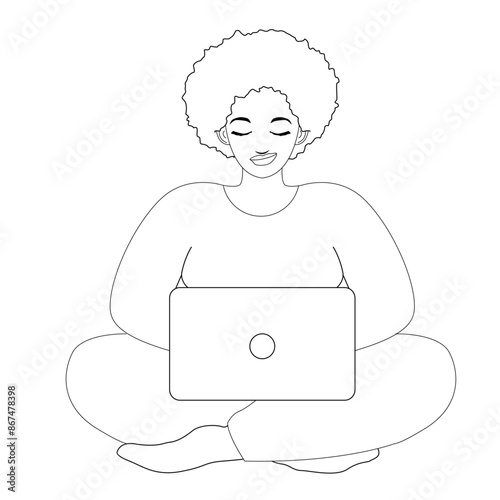 femme assise ordinateur portable sourire cheveux afro vecteur trait ligne