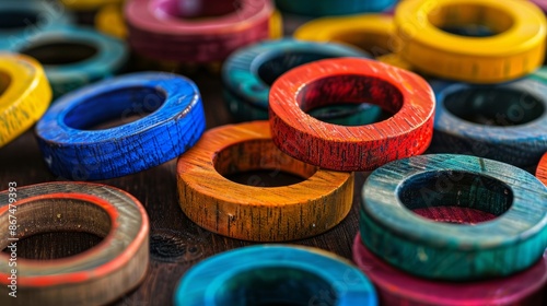 Vibrant ring-shaped wooden pieces representing diversity and inclusion in society, symbolizing unity and multiculturalism


 photo