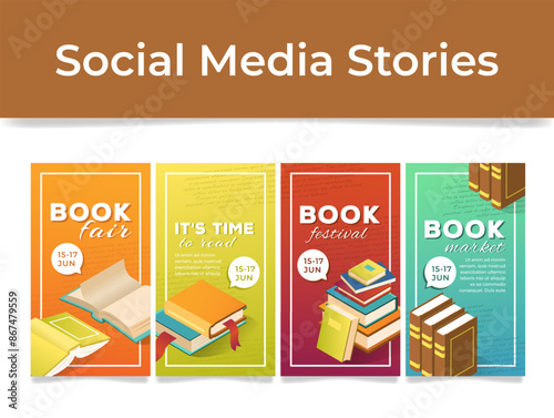 Book fair literature market festival social media stories design template set isometric vector