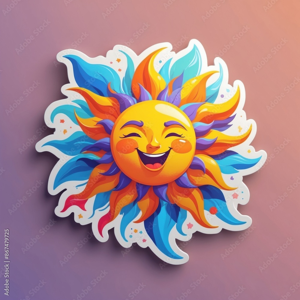 Sticker of a joyous sun illustration with dynamic colors. 3D cartoon style, isolated on a simple background. Sticker of a joyous sun illustration with dynamic colors. 3D cartoon style, isolated on a simple background.