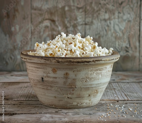  Artisanal Popcorn Bowl with Seasoning on Wooden Table photo