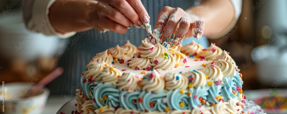 A baker decorating a birthday cake with intricate designs and colorful frosting, adding a personal touch to the celebration. A baker decorating a birthday cake with intricate designs and colorful frosting, adding a personal touch to the celebration.