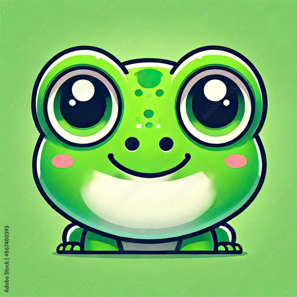 Fototapeta premium Cute cartoon frog illustration on a green background, perfect for children's media and educational content.