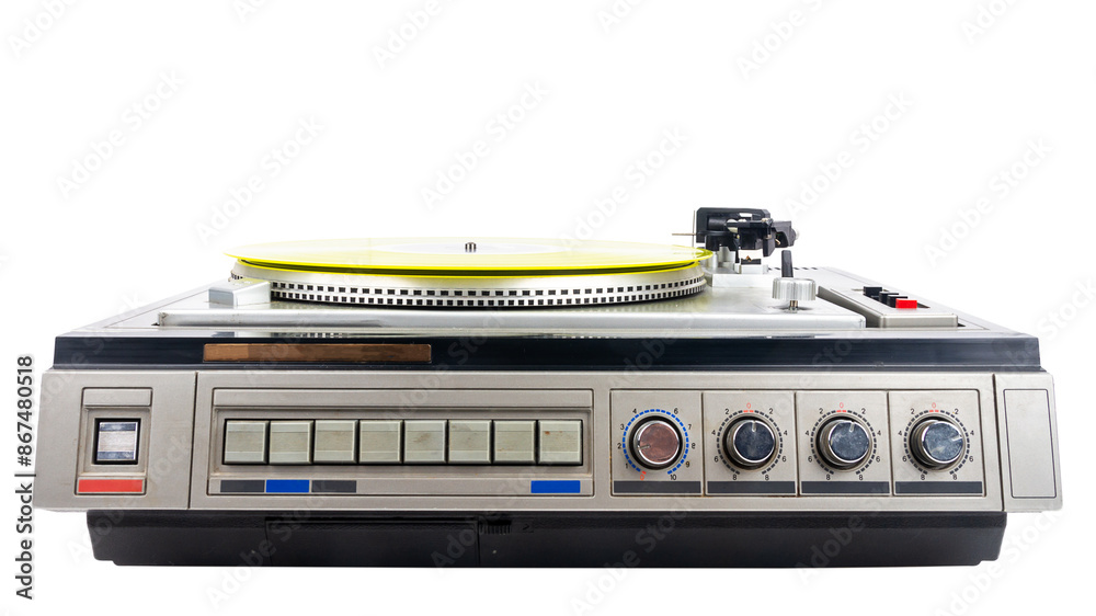 Obraz premium Vintage turntable record player with yellow vinyl isolated on white background.