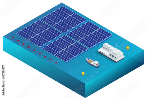 Isometric Solar panels or Solar cells on a buoy floating in a lake, sea, or ocean. A power plant utilizing sunlight as a renewable energy source. Renewable energy, Solar power plant