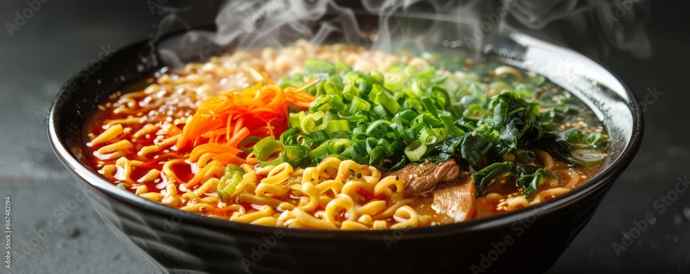 A bowl of steaming ramen noodles, filled with savory broth, tender noodles, and a variety of toppings. A bowl of steaming ramen noodles, filled with savory broth, tender noodles, and a variety of toppings.