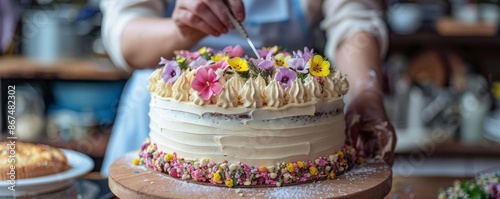 A baker decorating a birthday cake with colorful frosting and edible flowers, adding a personal touch to the celebration.