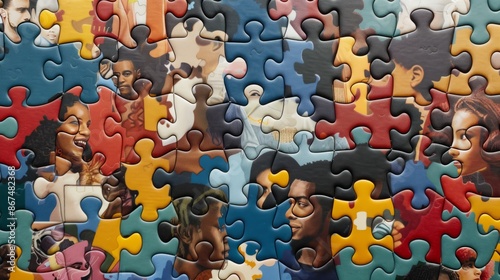 Multiracial group forming a unified puzzle piece, embracing diversity and inclusion with smiling faces and hands interlocking, symbolizing harmony and unity in a diverse community


 photo