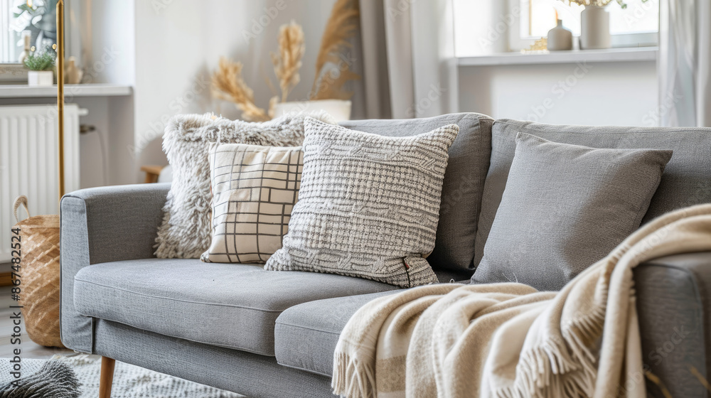 Cozy gray couch with a light and fluffy decor accent in a modern living area. Cozy gray couch with a light and fluffy decor accent in a modern living area.