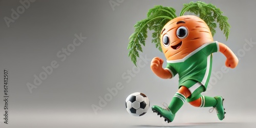 Animated carrot character playing soccer on a grey background.