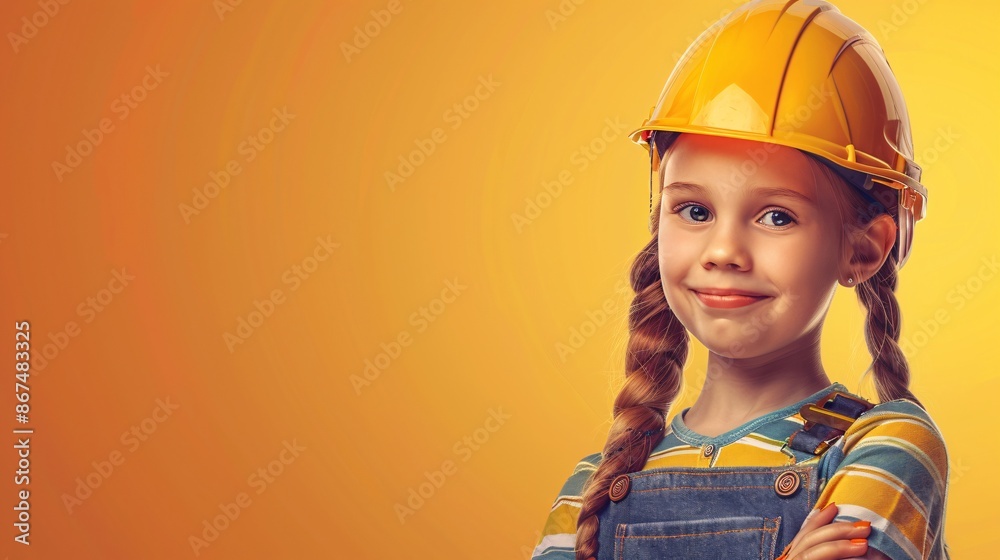 Portrait of a little girl in a construction hard helmet. Portrait of a little girl in a construction hard helmet.