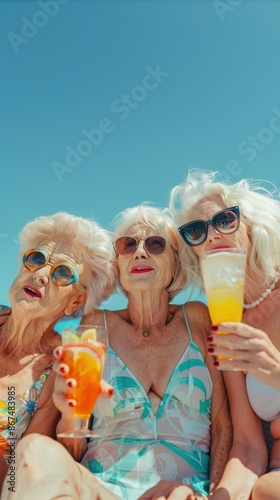 Three women relax in the summer sun with drinks
