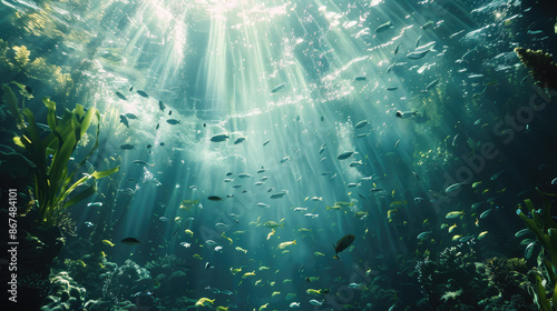 Sunbeams pierce the water's surface in a vibrant underwater scene teeming with a variety of fish amid thriving aquatic plants and coral formations.
