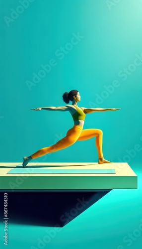 Dynamic yoga pose captured against a tranquil blue backdrop, showcasing balance and focus.