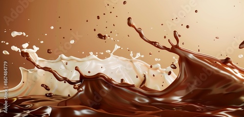 3D isolated caramel splash, milk swirl, chocolate liquid wave, syrup drop.