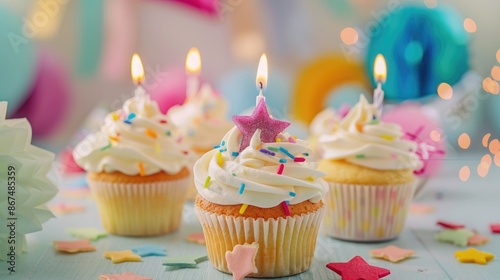 Festive cupcakes with star shaped candle colorful decorations Birthday celebration photo display