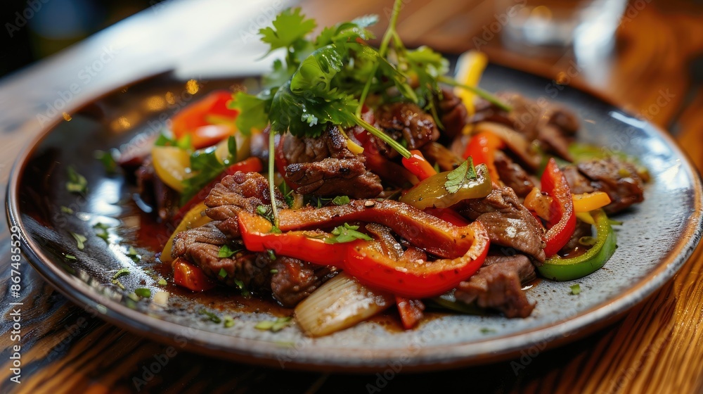 Beef and pepper dish served on the table