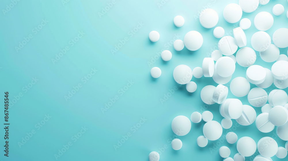 Round white tablets pills on blue background Round white tablets pills on blue background