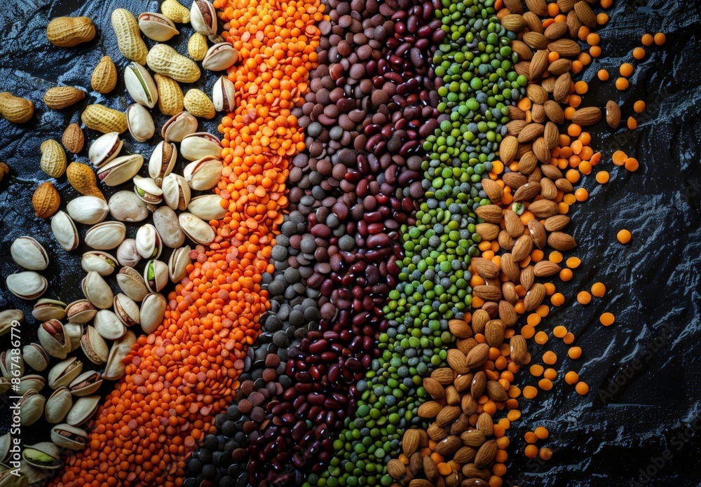 Colorful Variety of Nutritious Foods on a Dark Background Colorful Variety of Nutritious Foods on a Dark Background