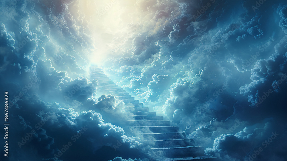 Abstract concept of career growth depicted by a stepladder ascending through fluffy clouds Abstract concept of career growth depicted by a stepladder ascending through fluffy clouds